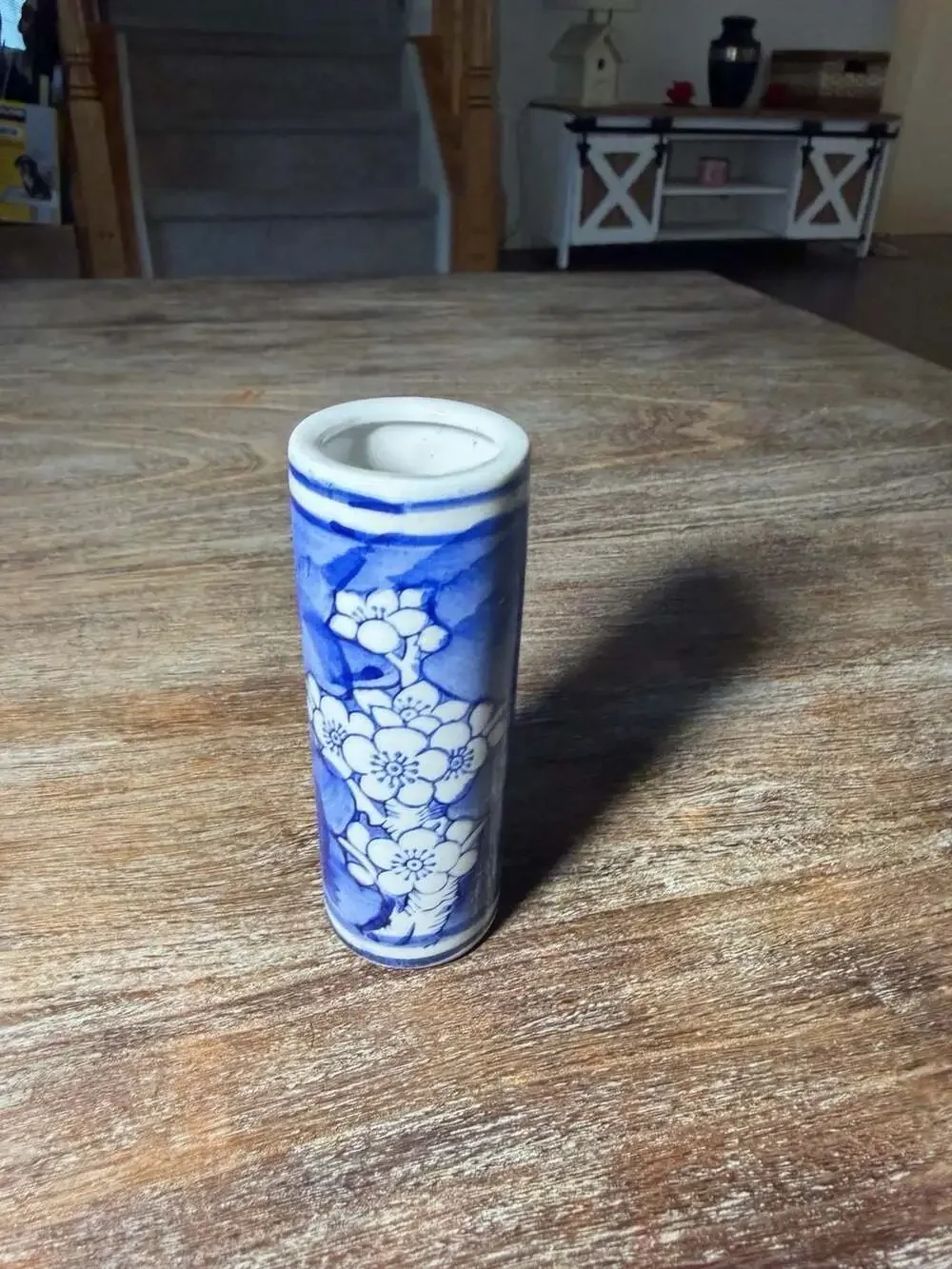 Vintage Chinese Blue and White Porcelain Cherry Blossom Cylinder Bud Vase